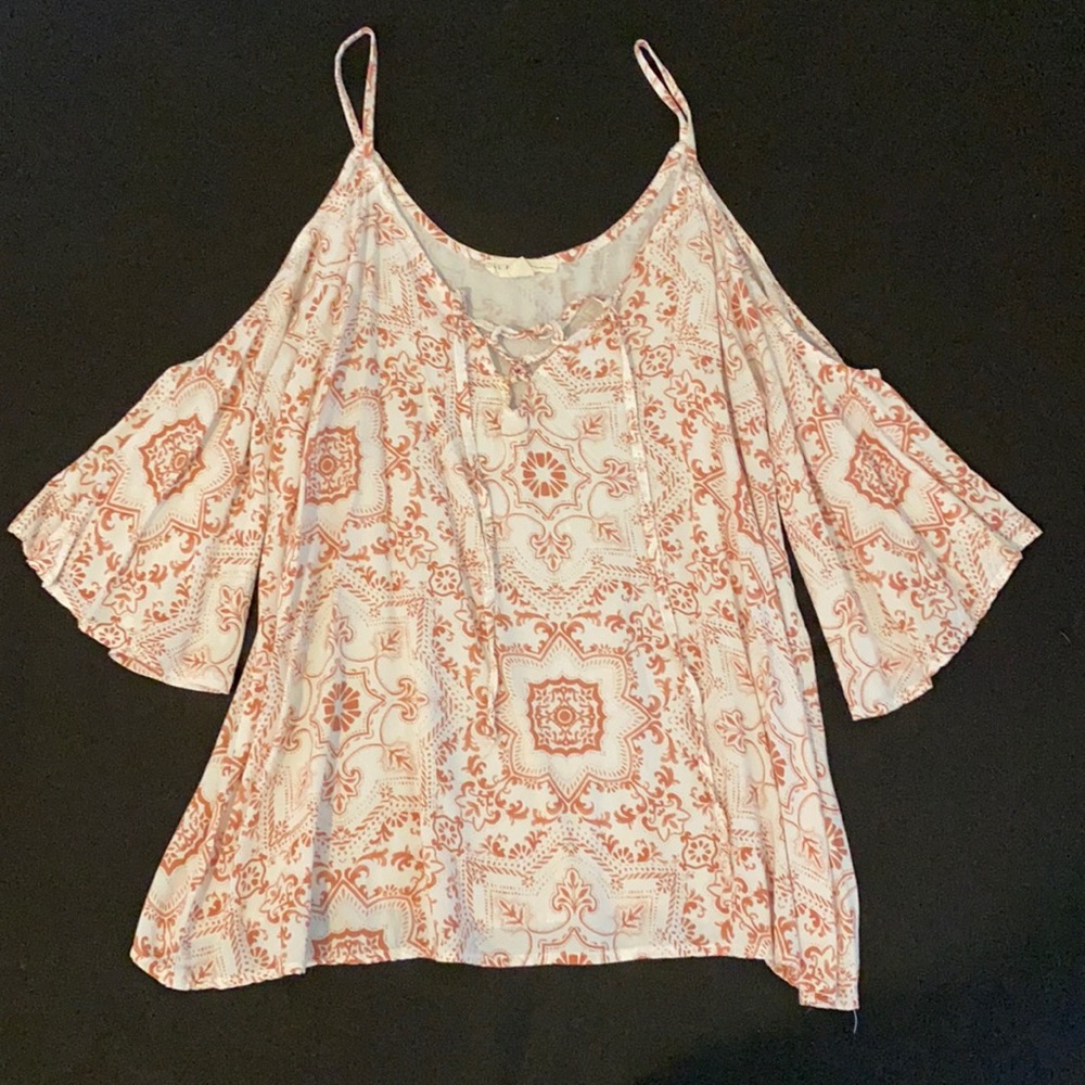 White and Orange printed LA Hearts top with shoulder cut outs